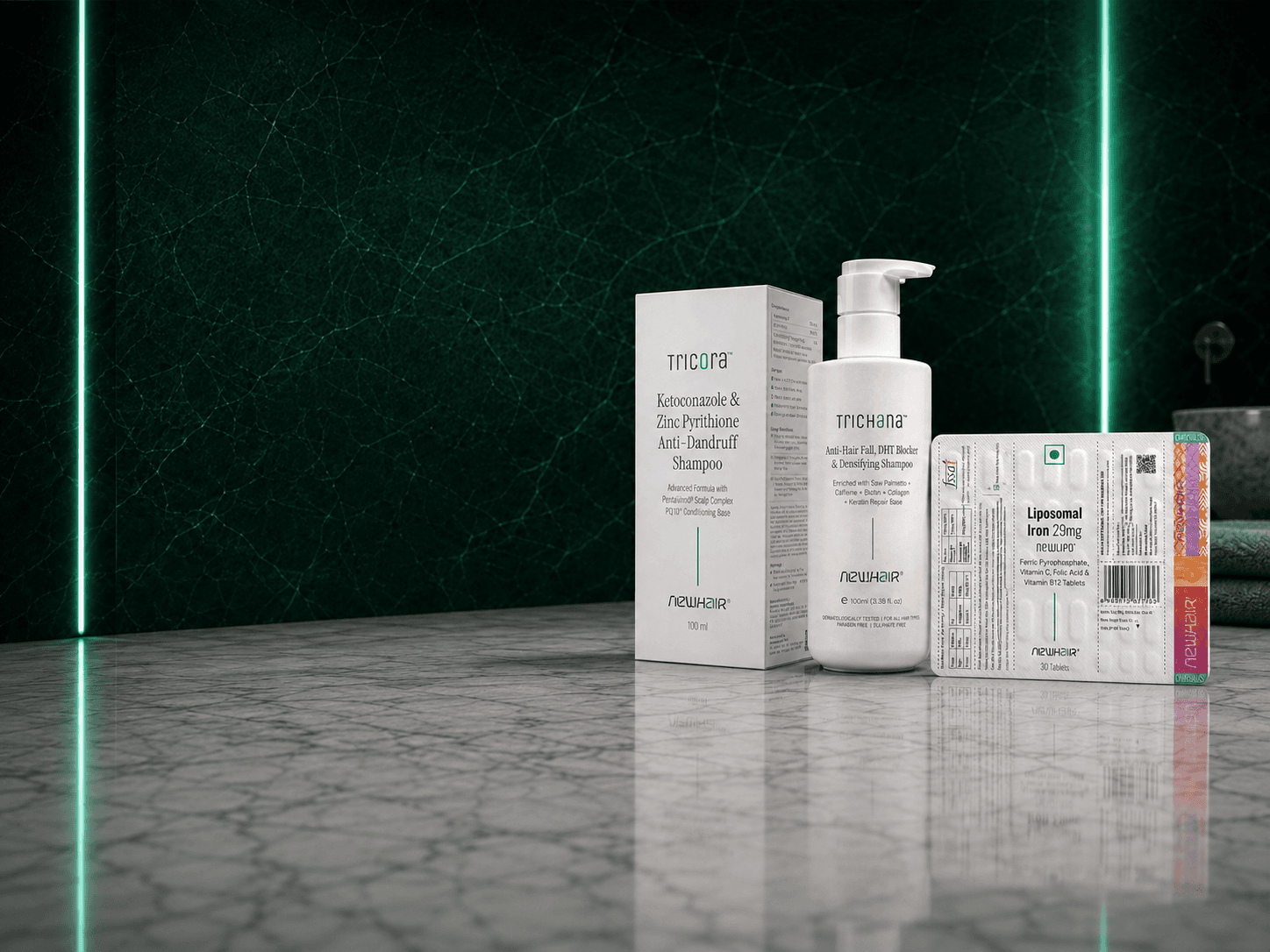 NewHair regimen — Tricora, Trichana and Liposomal Iron on green marble
