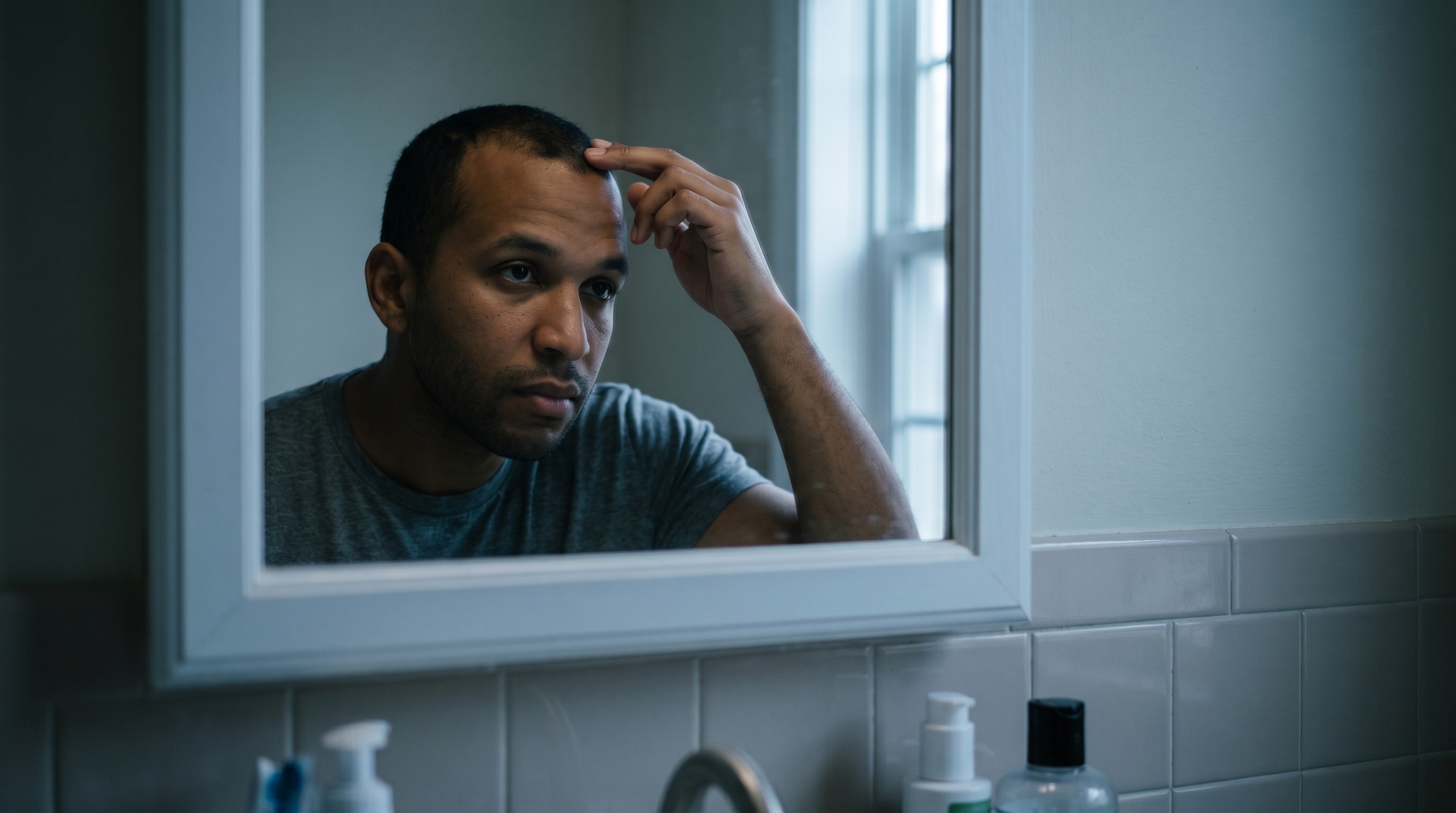 A man notices his thinning hairline in the mirror