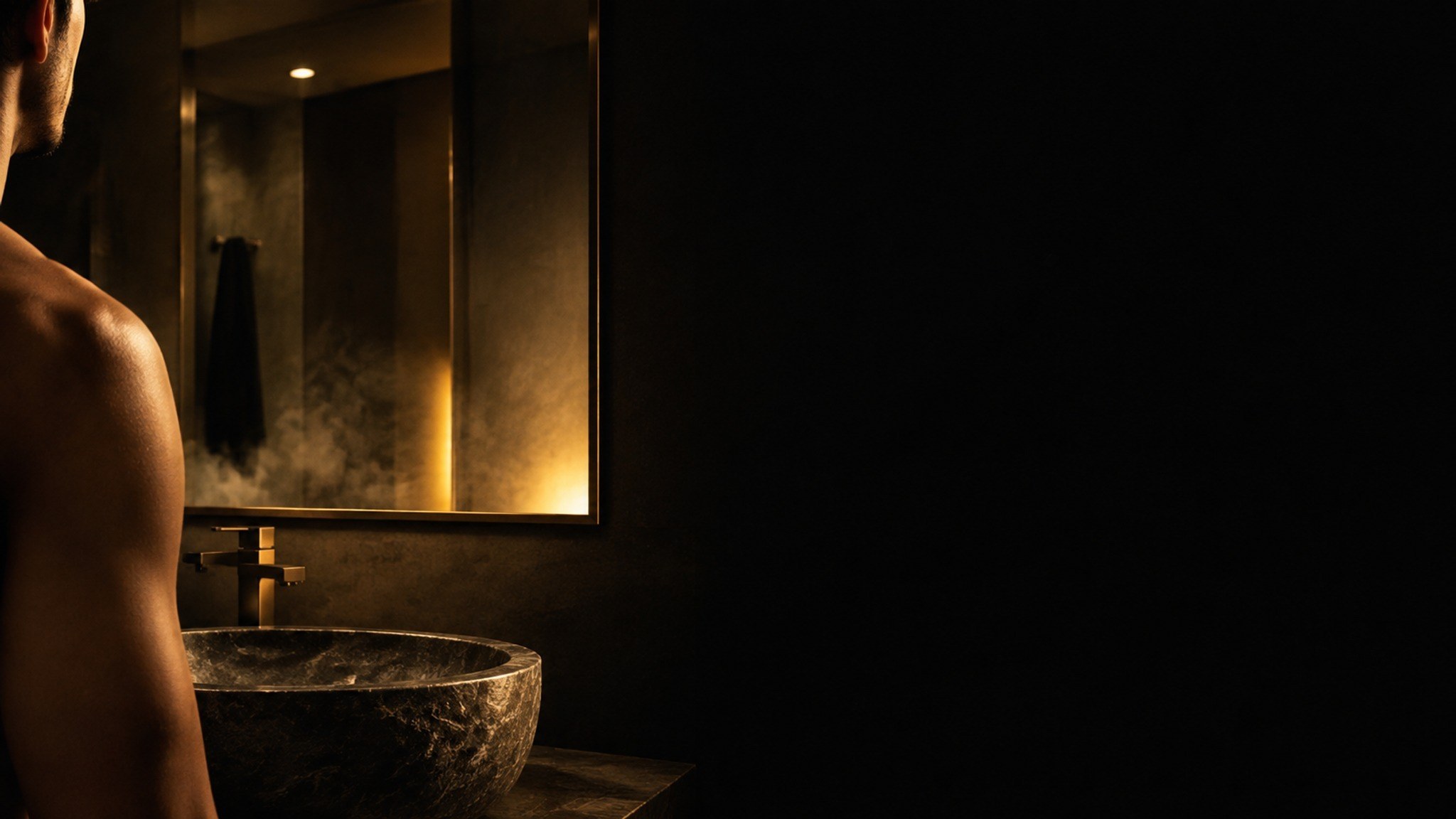 A large mirror above a dark stone basin at night, warm skin-gold light grazing from the lower right