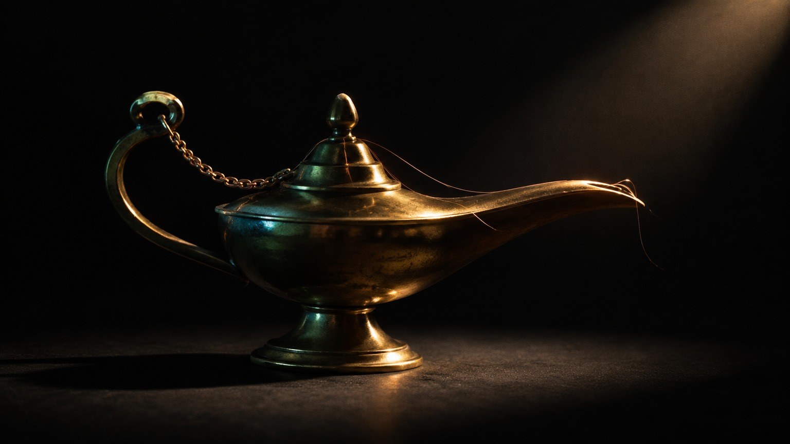 Editorial still life: a vintage brass oil lamp switched off with a single strand of hair across it