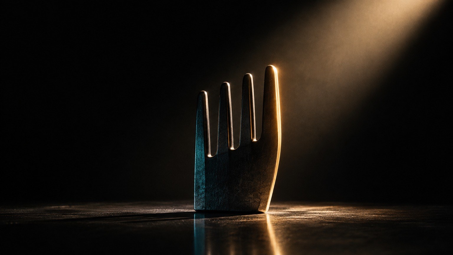 Editorial still life: a comb with three teeth lit like a small skyline