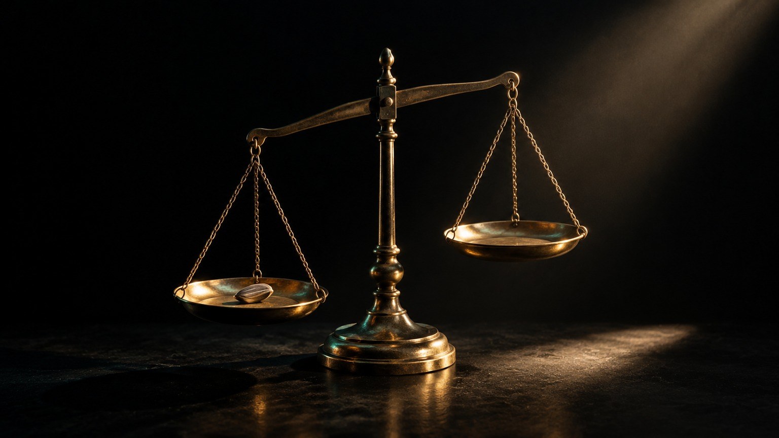 Editorial still life: a pair of old brass weighing scales, one pan holding a seed