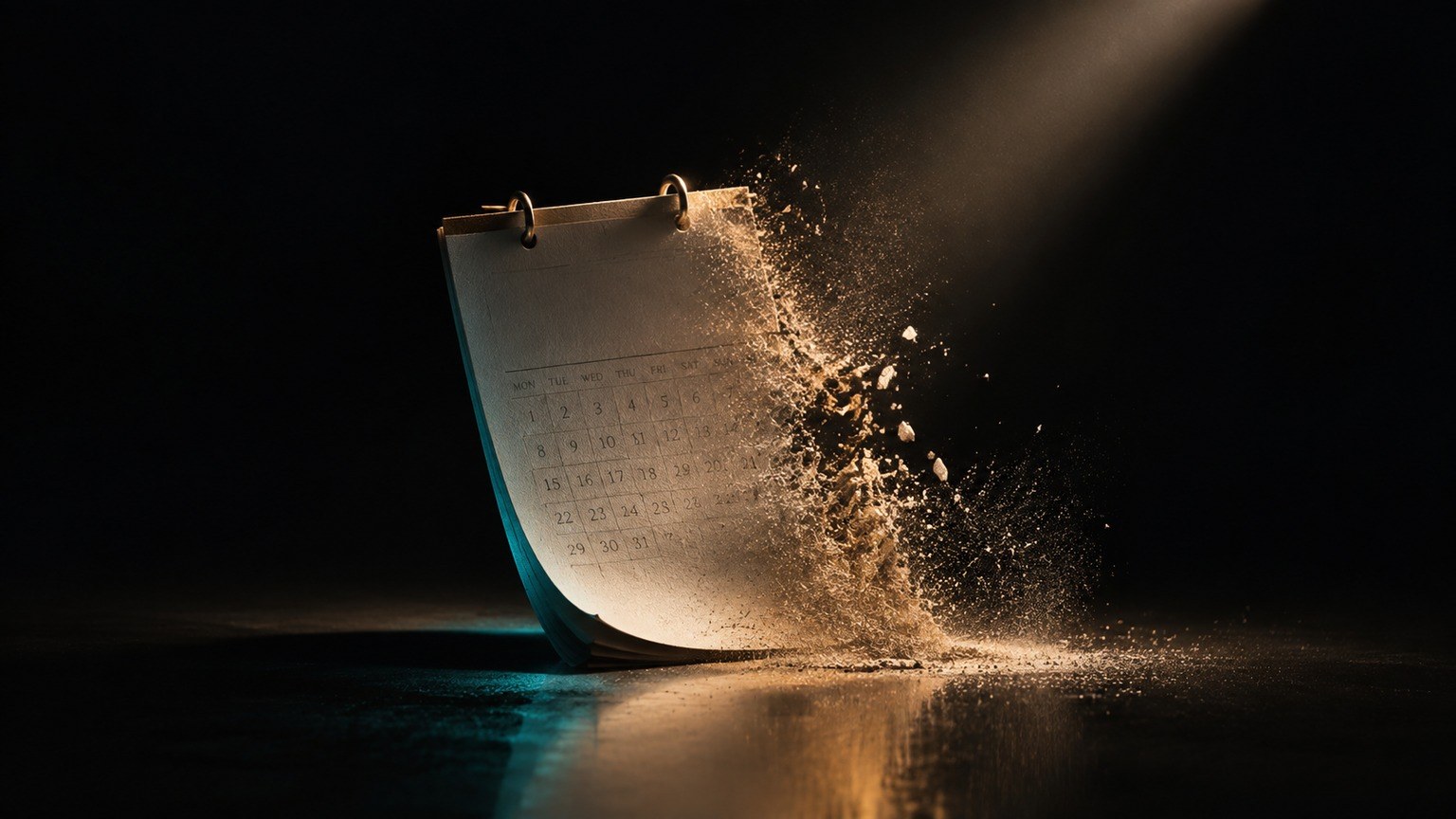 Editorial still life: a calendar page dissolving into fine dust in a narrow spotlight