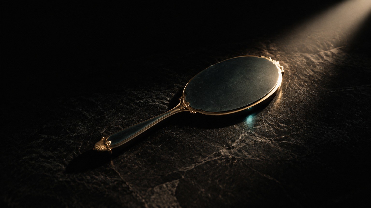 Editorial still life: a hand mirror lying face-down on dark stone