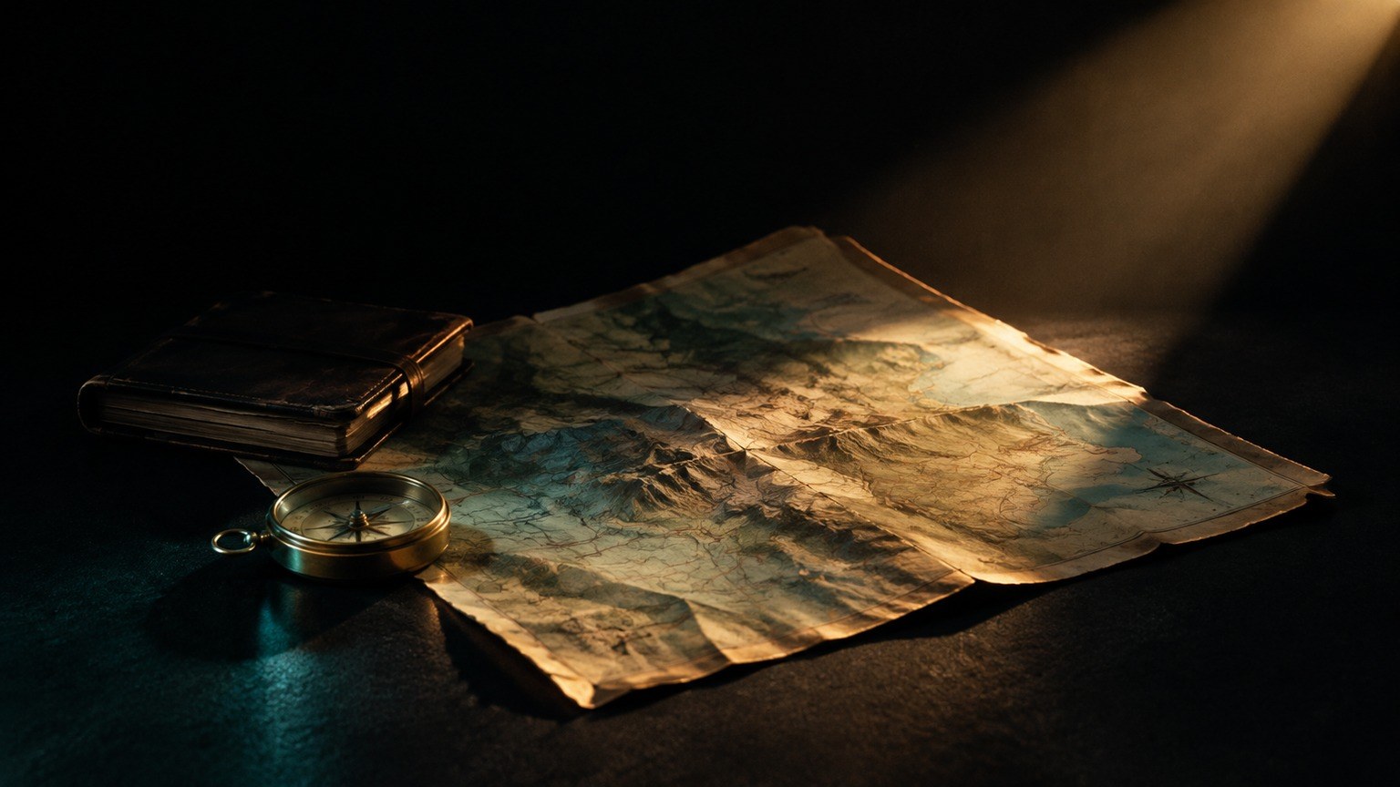 Editorial still life: a weathered paper map folded open under a hard light