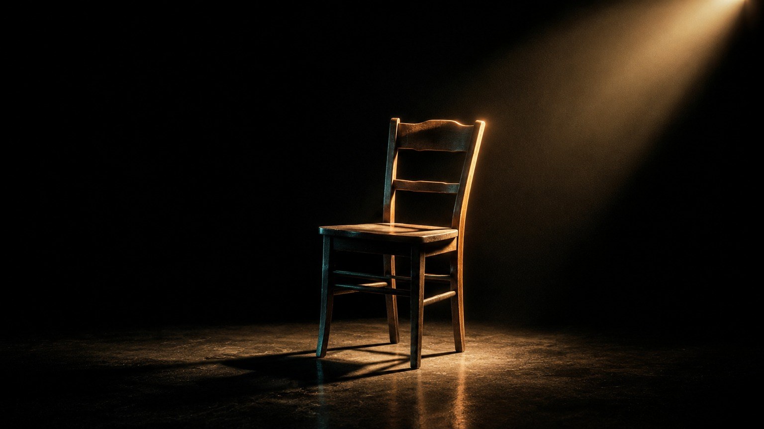 Editorial still life: a single empty wooden chair in a warm spotlight, stage-black around it