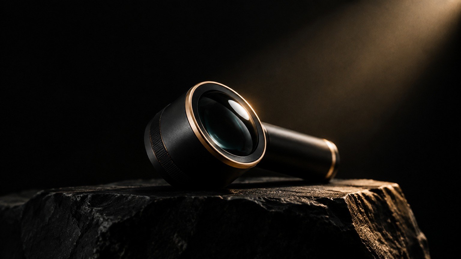 Editorial still life: a dermatoscope lens resting on dark stone, its glass catching one highlight
