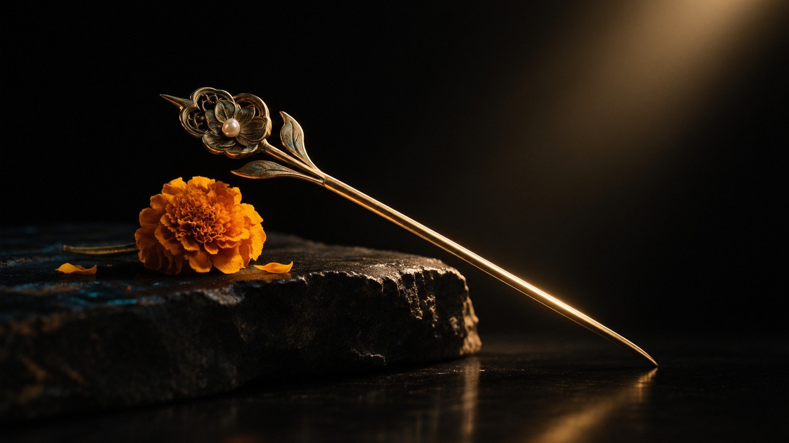 Editorial still life: a brass hairpin and a small marigold on dark stone, warm light