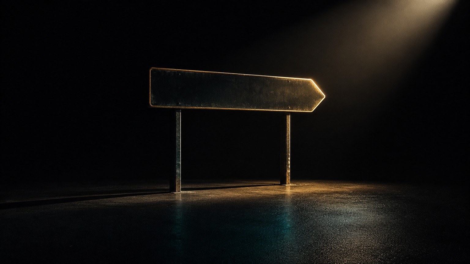Editorial still life: a long empty road sign silhouette in a distant spotlight