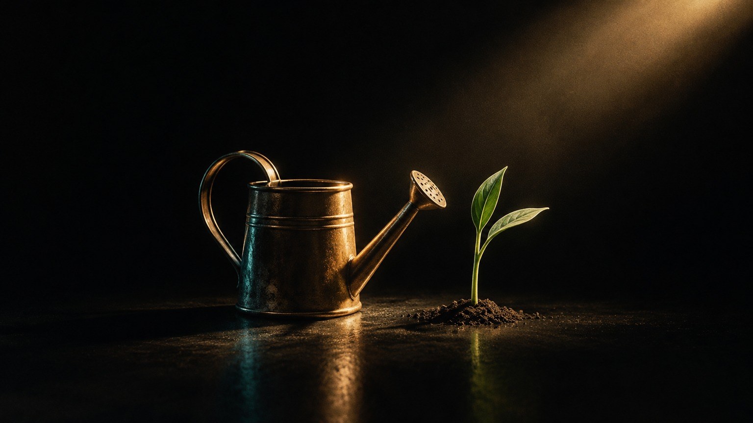 Editorial still life: a small brass watering can beside a single green shoot