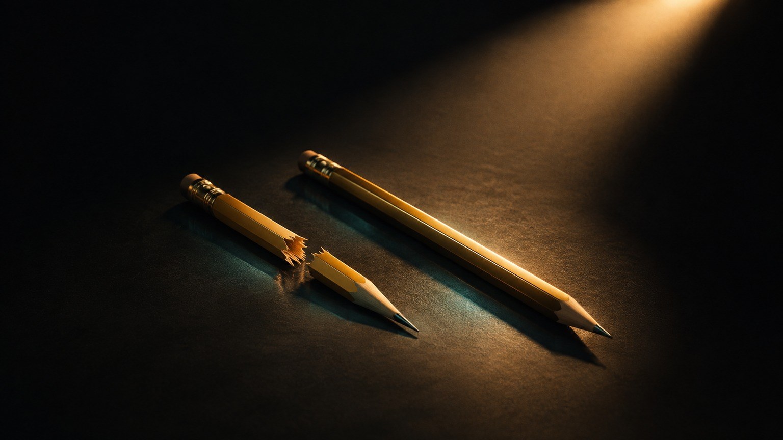 Editorial still life: a broken pencil and an unbroken one laid side by side under one spotlight