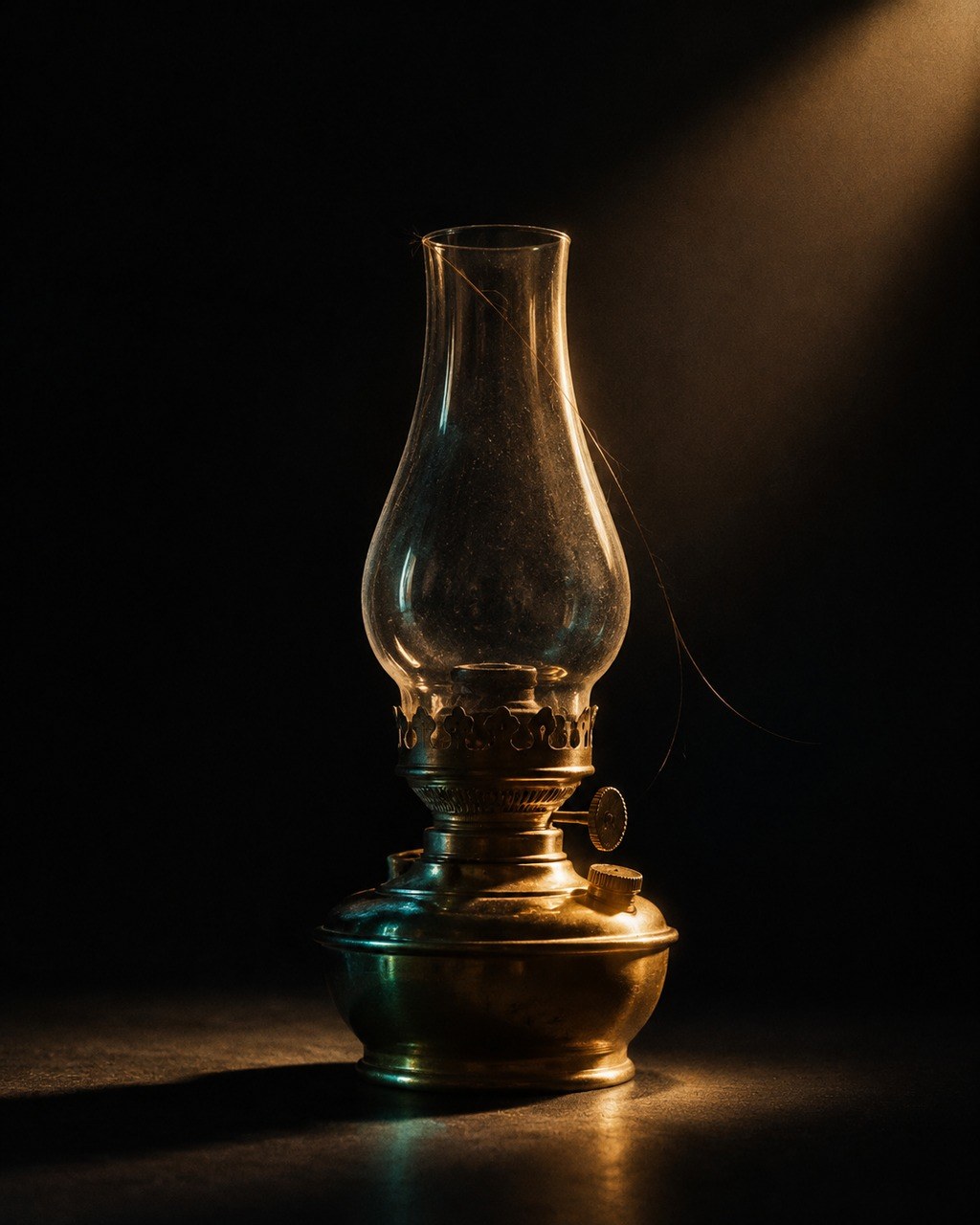 Editorial still life: a vintage brass oil lamp switched off with a single strand of hair across it