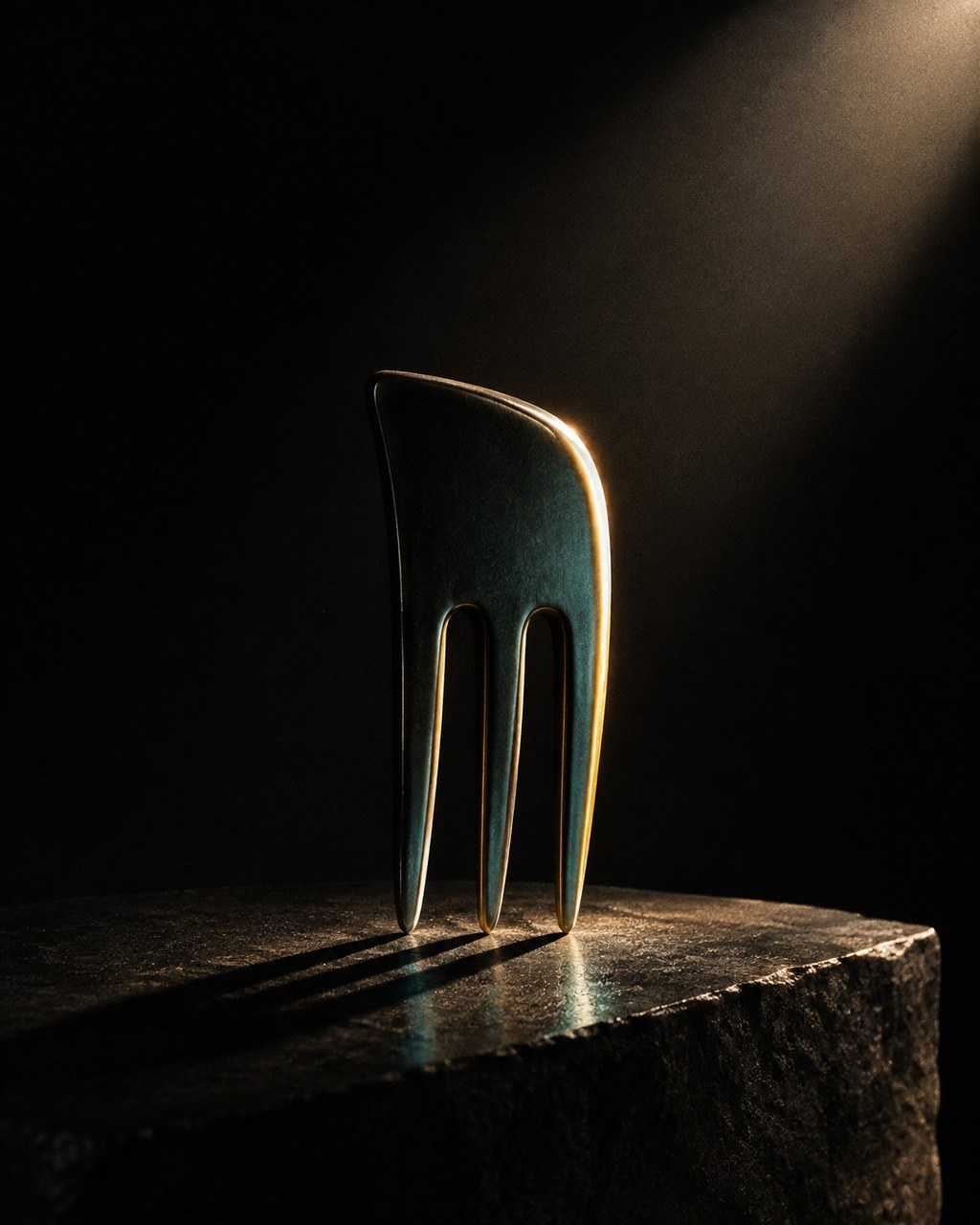Editorial still life: a comb with three teeth lit like a small skyline
