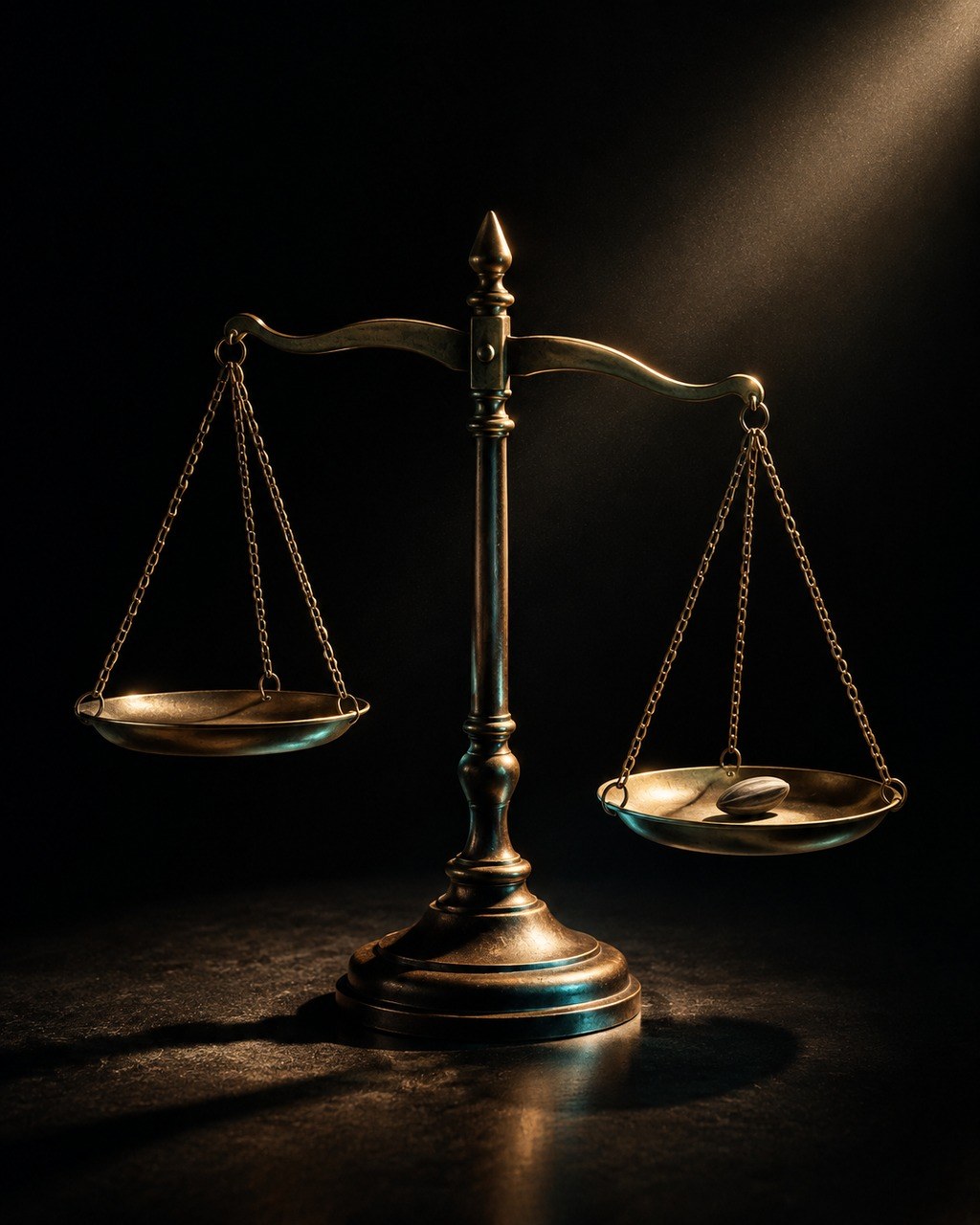 Editorial still life: a pair of old brass weighing scales, one pan holding a seed
