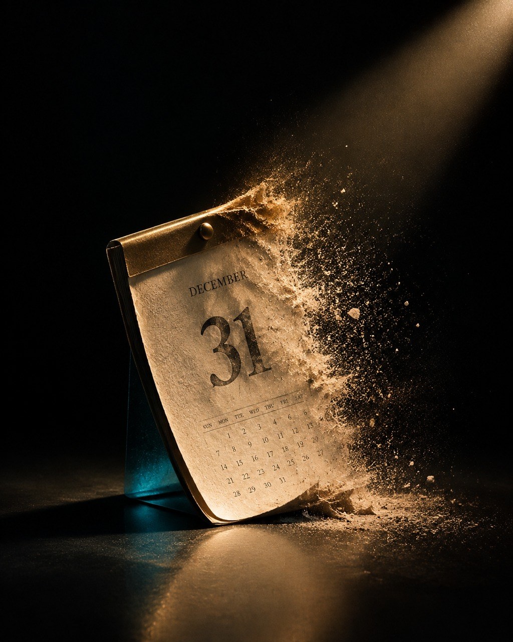 Editorial still life: a calendar page dissolving into fine dust in a narrow spotlight