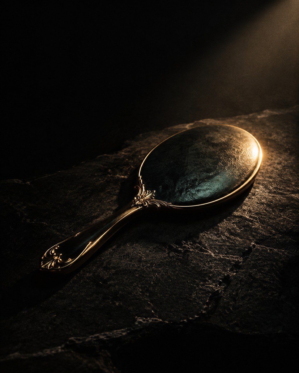 Editorial still life: a hand mirror lying face-down on dark stone