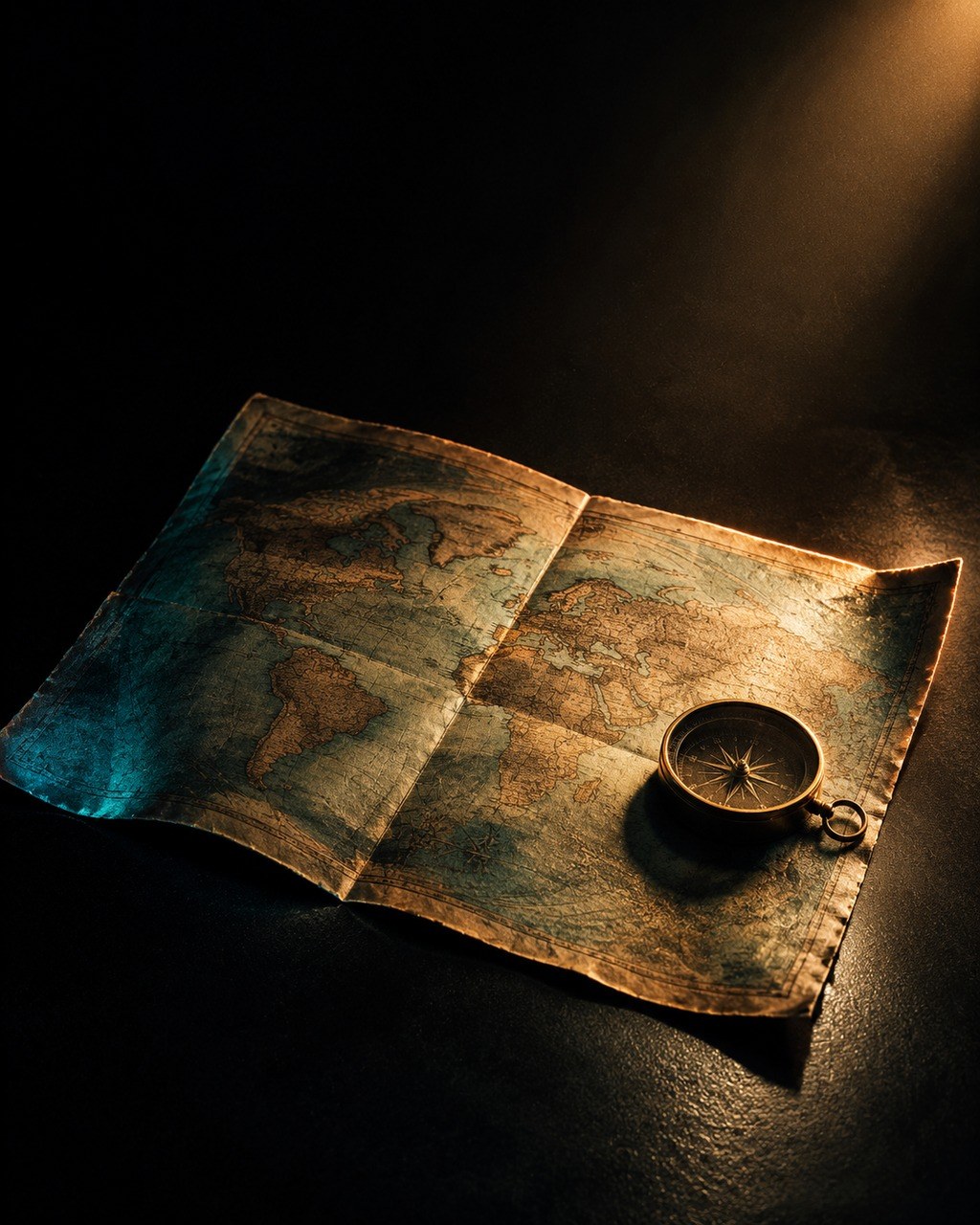 Editorial still life: a weathered paper map folded open under a hard light