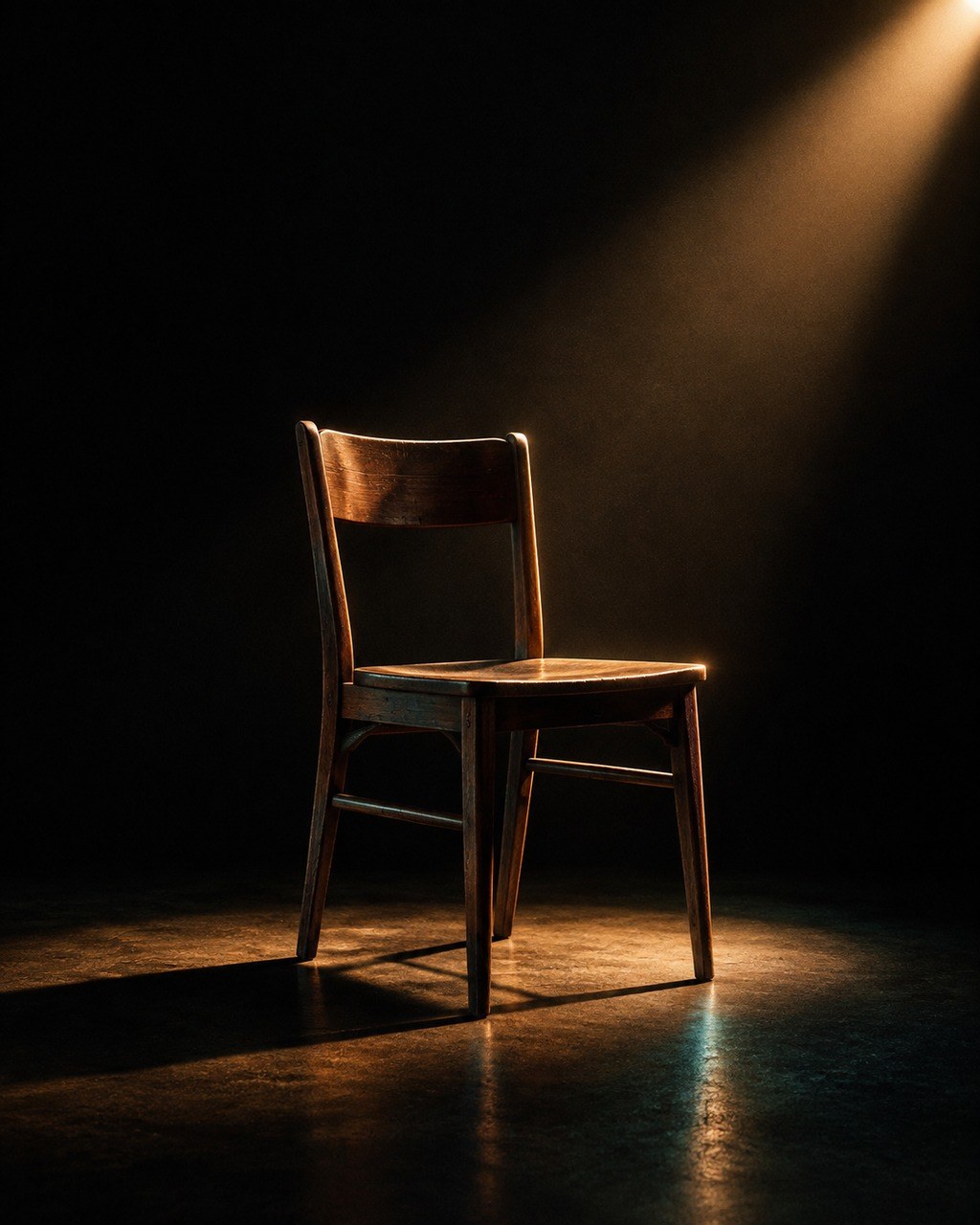 Editorial still life: a single empty wooden chair in a warm spotlight, stage-black around it