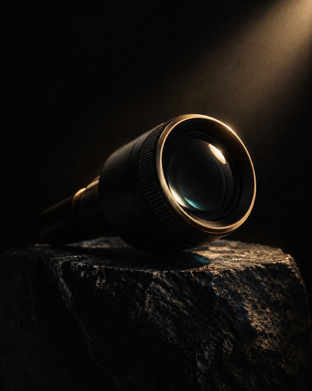 Editorial still life: a dermatoscope lens resting on dark stone, its glass catching one highlight