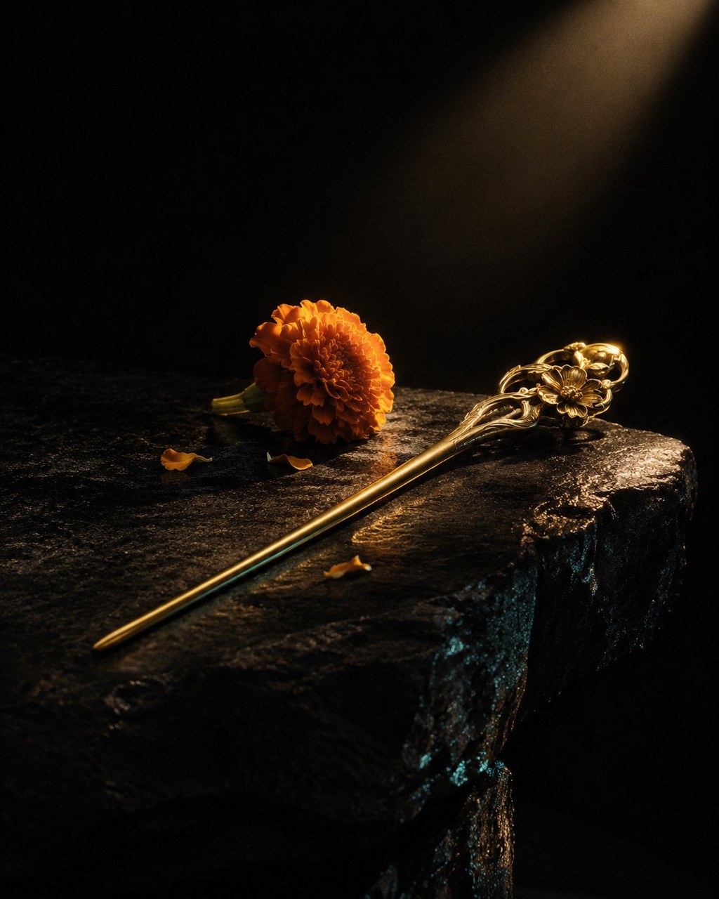 Editorial still life: a brass hairpin and a small marigold on dark stone, warm light