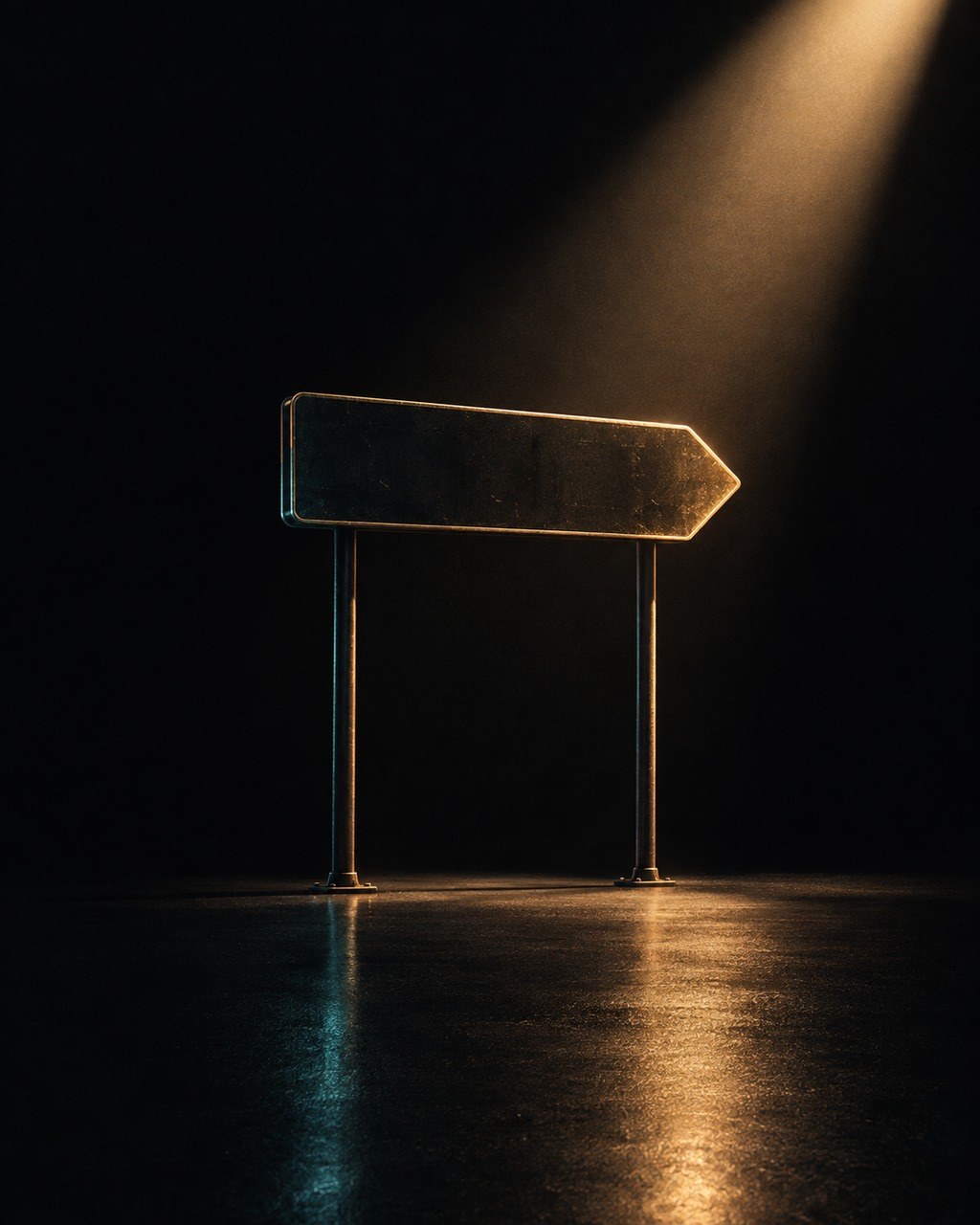 Editorial still life: a long empty road sign silhouette in a distant spotlight