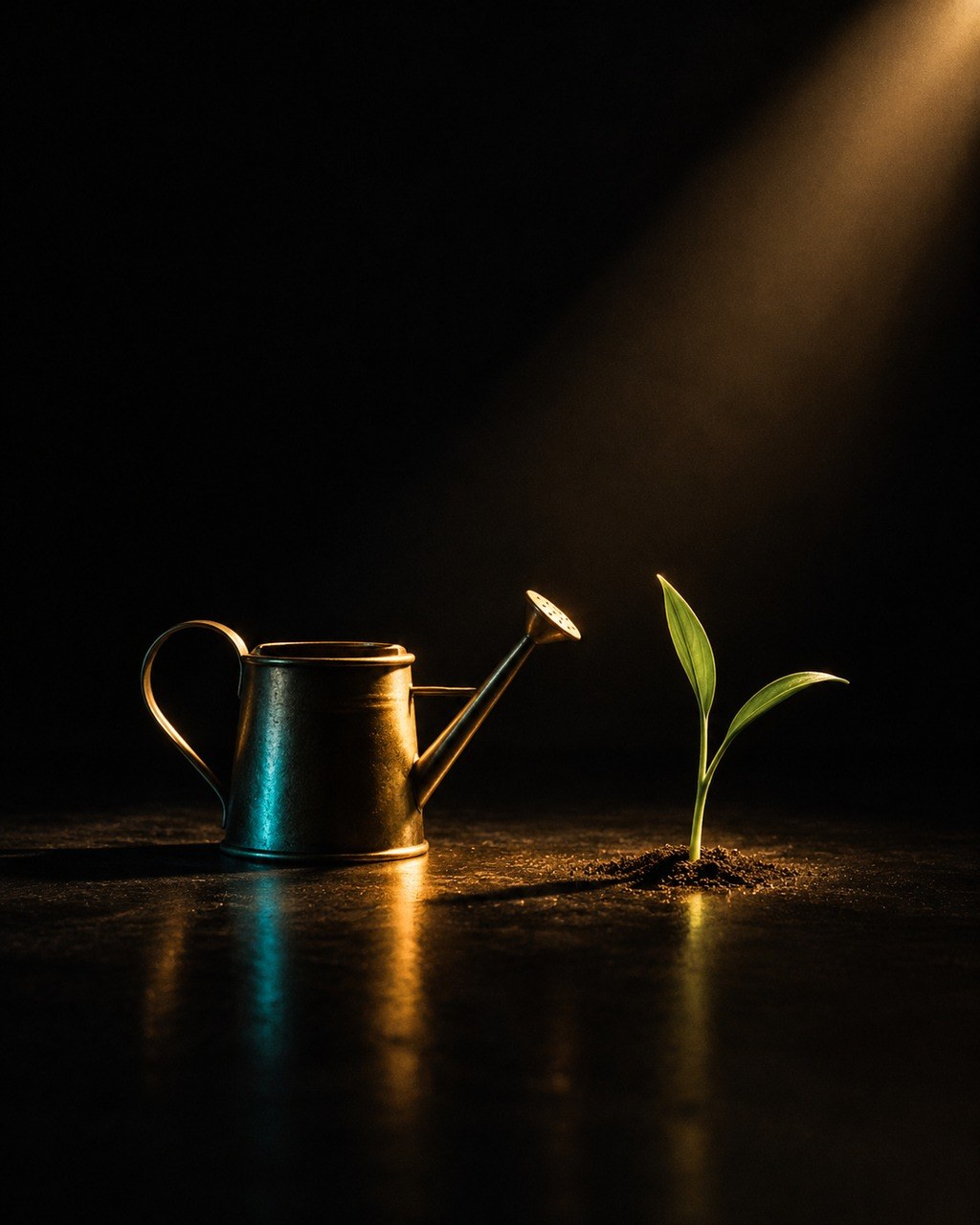 Editorial still life: a small brass watering can beside a single green shoot