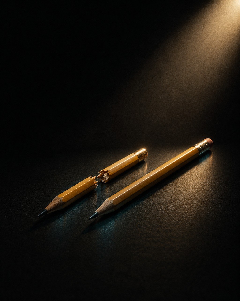 Editorial still life: a broken pencil and an unbroken one laid side by side under one spotlight